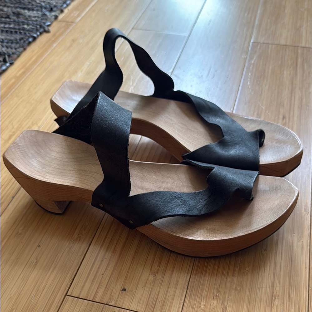 Black and Brown Leather Mules with Adjustable Ankle Strap